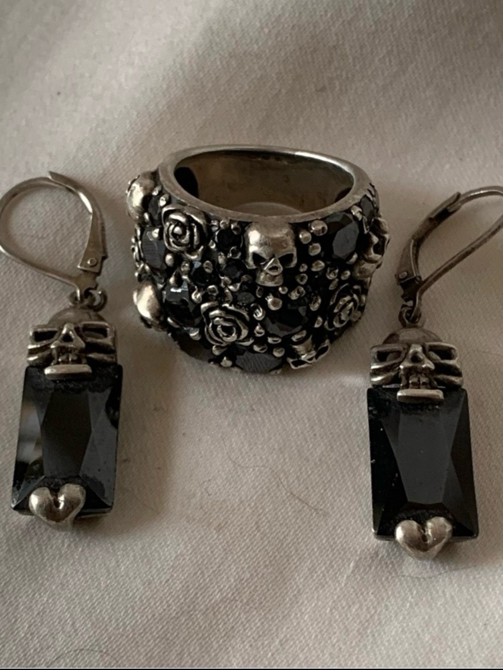 Black Crystal Rose & Skull Wide Band Sterling Silver Ring & Skull Earrings